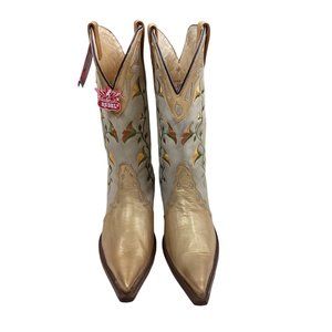Hu Duel Women's Western Embroidered Heeled Boots - Gold and Cream